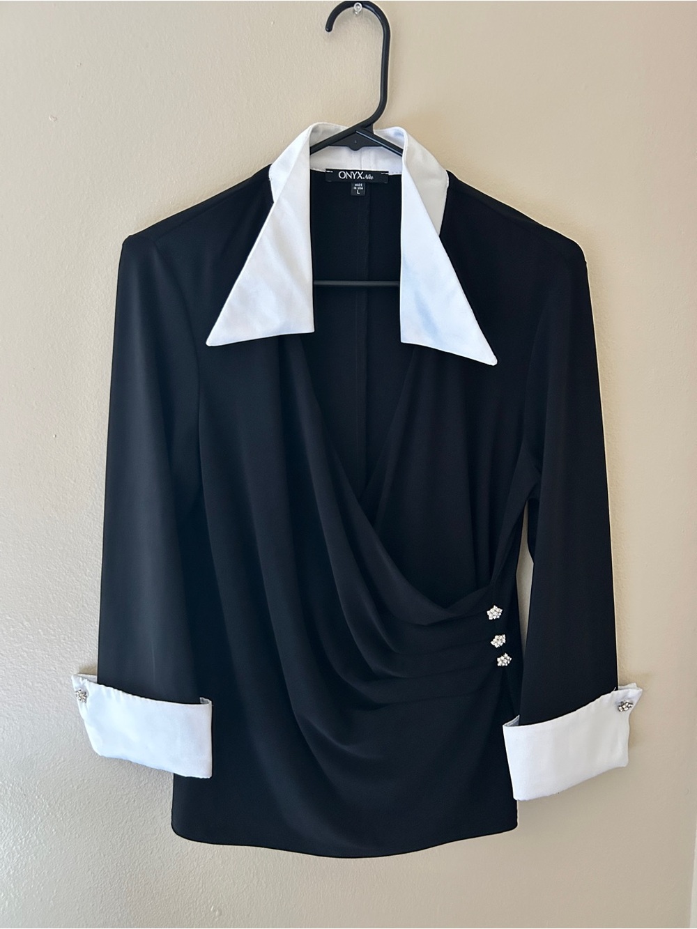 ONYX Nite Vintage Y2K Black & White Tuxedo Collar Rhinestone Wrap Blouse - Size